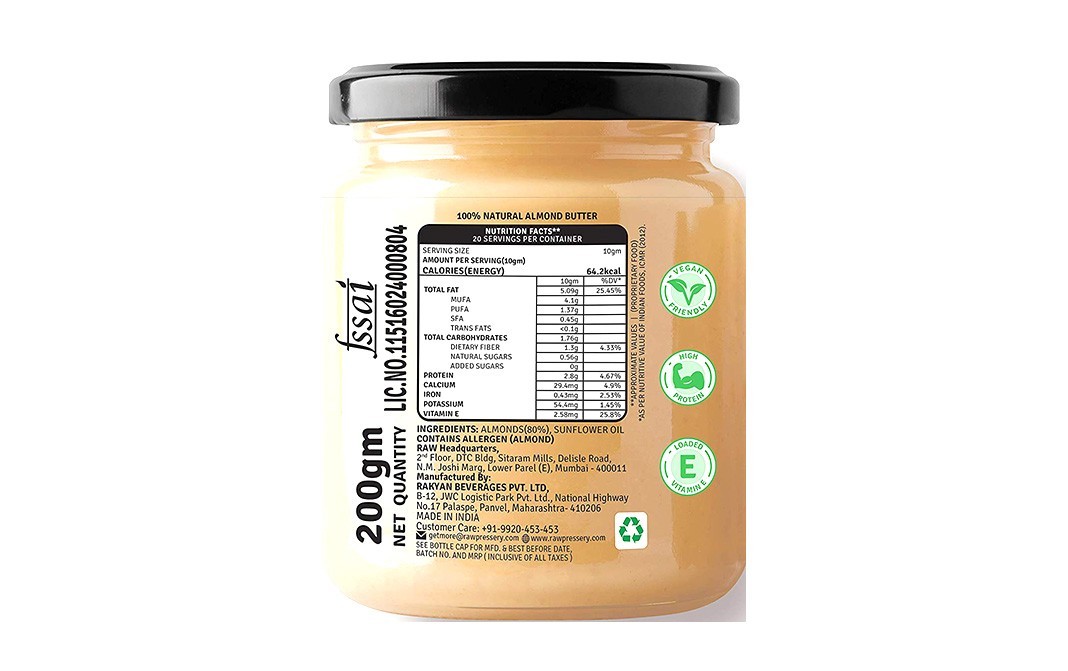 Raw Pressery Almond Butter, Unsweetened    Glass Jar  200 grams